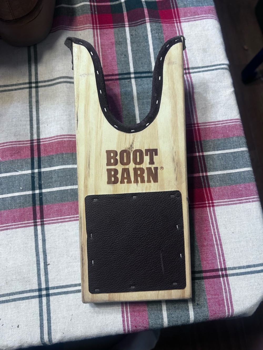 Boot Barn Wooden Boot Jack - Natural Wood with Brown Leather Pad